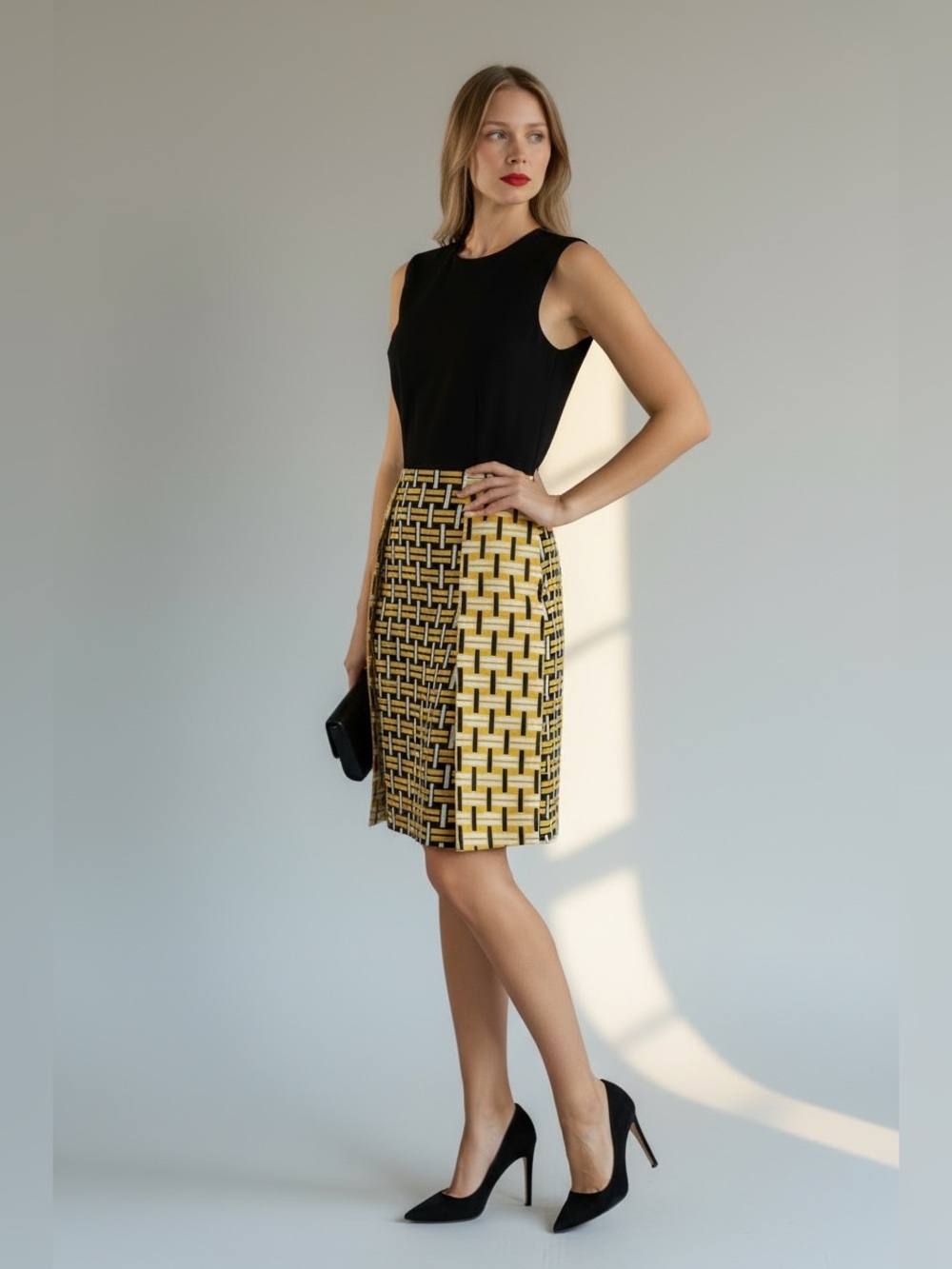 Fendi Geometric Silk Dress in Black & Yellow Size 40